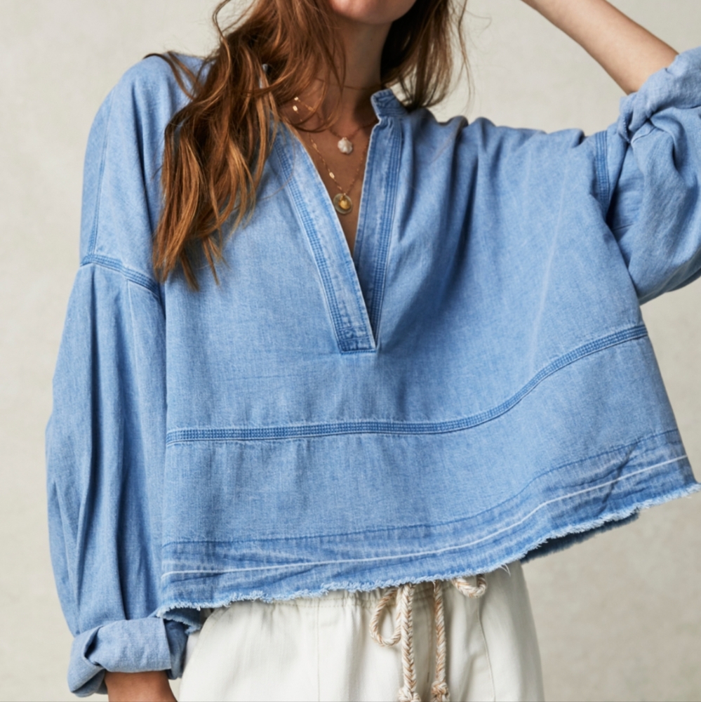 FP FREE PEOPLE Collection Nautical Boho Crop Denim Pullover in Indigo Sz L